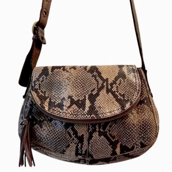 Lucky Brand Crossbody Bag Snake Embossed Leather Purse Brown Tan